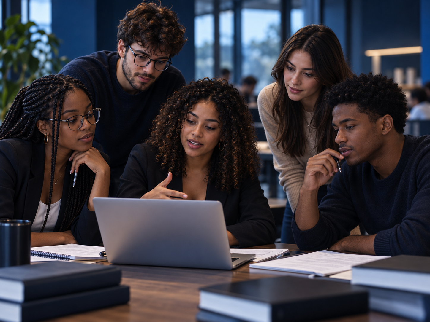 Grupo diverso de estudantes universitários estudando junto diante de um notebook